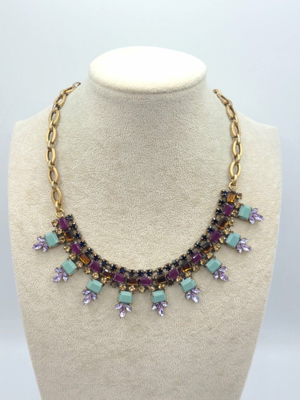 J Crew Amber Crystal  Blue Resin Gold Tone Necklace